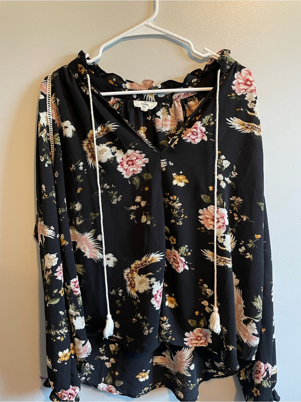 entro Black Floral Hooded Blouse with Drawstring